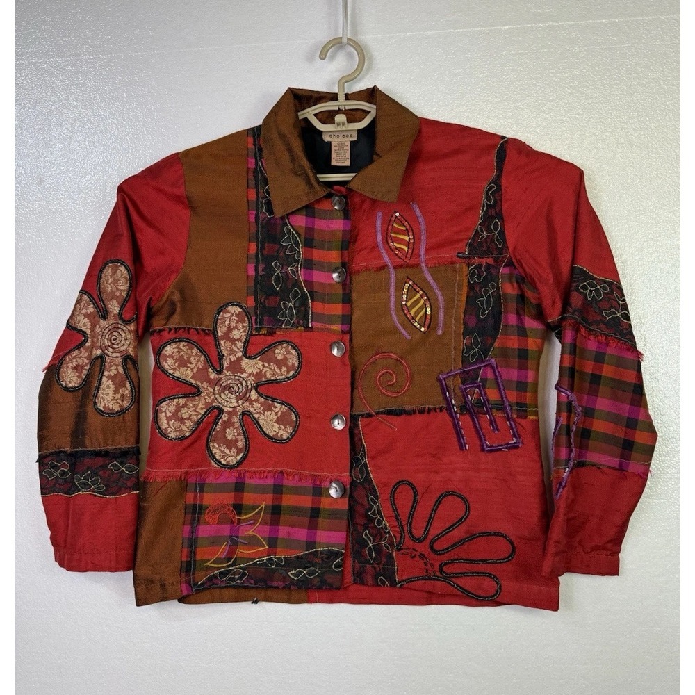 Choices Colorful Artistic Silk Jacket‎ Womens Sz M Red Button Up Graphic Boho